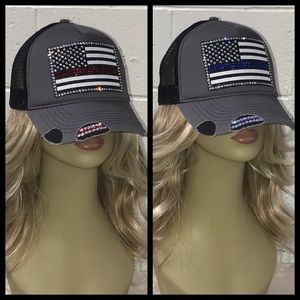 GORGEOUS rhinestone Red/Blue line flag hat cap! ✨